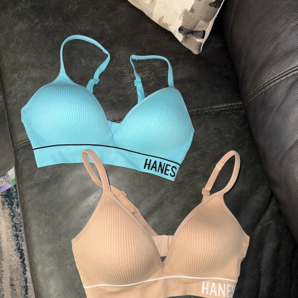 Hanes Women's Ribbed Bralette Duo - Light Blue and Beige